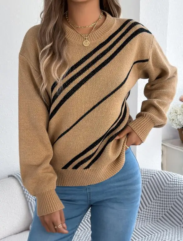 

2025 Autumn and Winter Casual Striped Round Neck Lantern Long Sleeved Pullover Sweater
