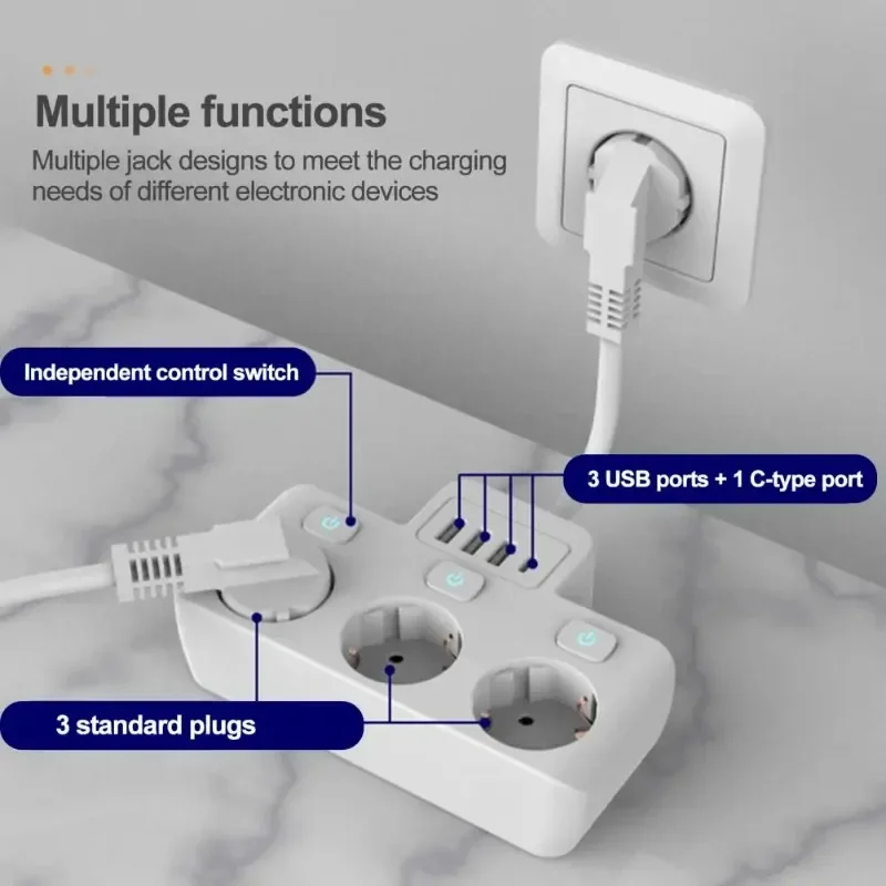 EU Plug Power Strip with 3 USB Ports Extension Cord Socket Multiple Socket Smart Socket with USB C Travel Power Plug Adapter