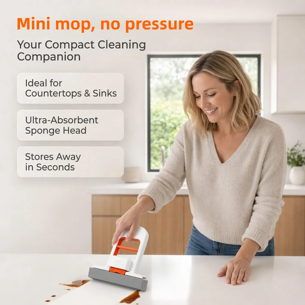 Mini mop，foldable small mop suitable for small spaces，one handed design，wet dry cleaning，reusable and replaceable sponge head
