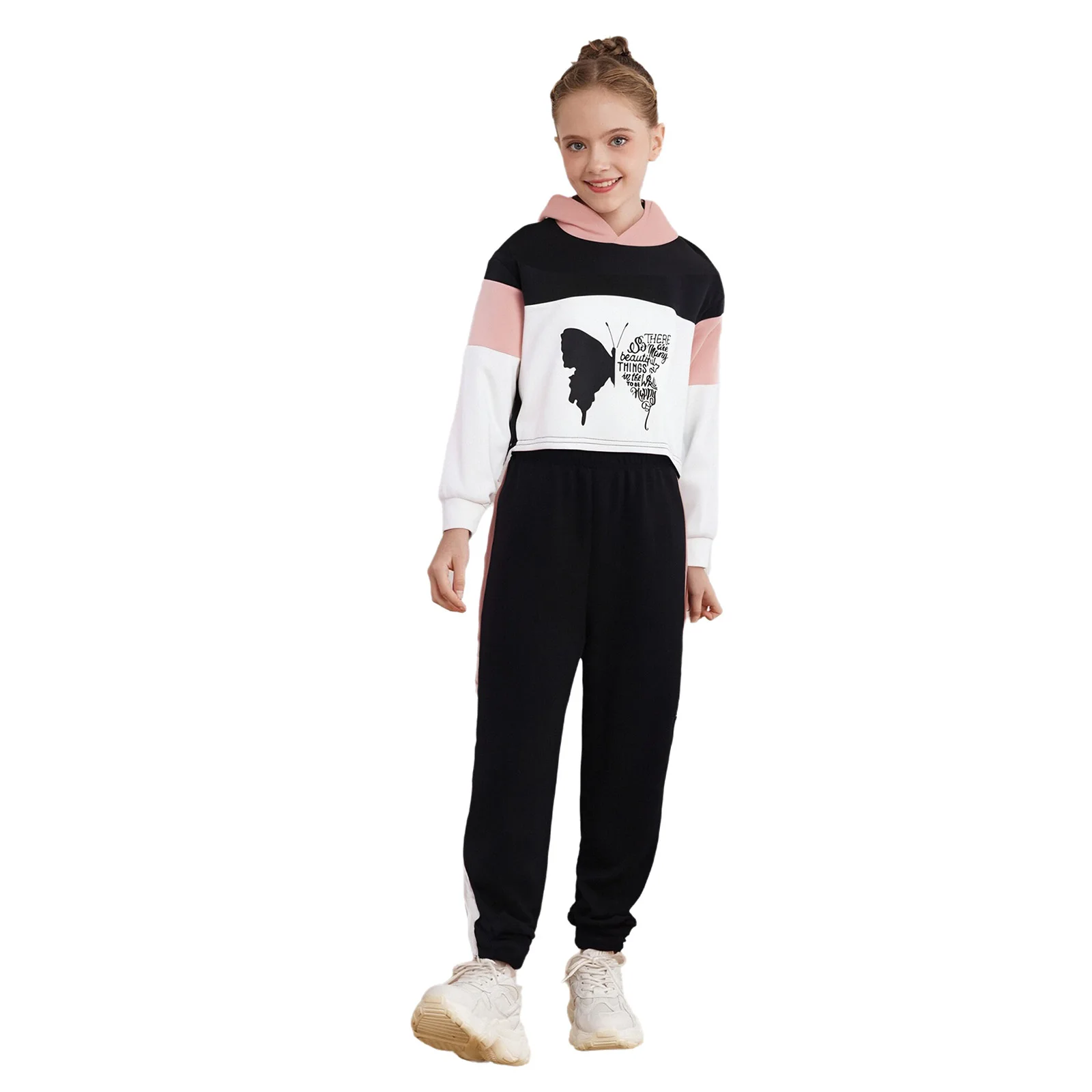 

2Pcs Kids Girls Tracksuit Casual Clothes Set Color Block Butterfly Print Hoodie Sweatshirt+Elastic Waistband Sweatpants Trousers