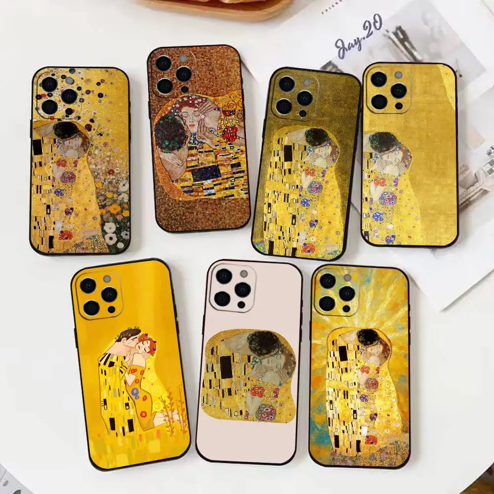 

The Kiss Gustav Klimt Painting Phone Case For iPhone 17,16,15,14,13,12,11 X XR Plus,Soft Silicone Black Cover
