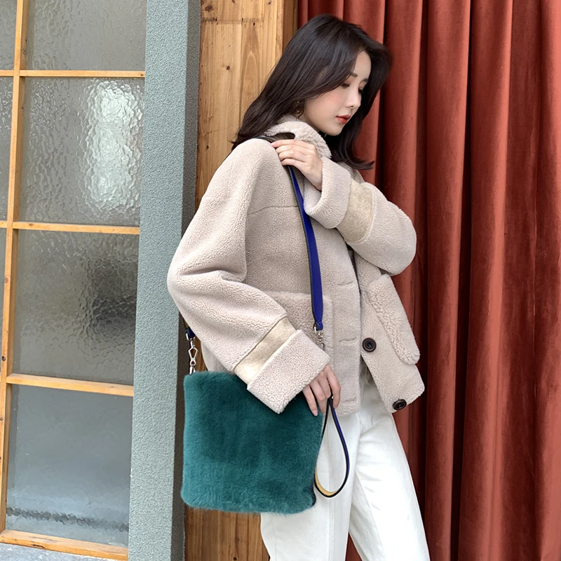 Imported whole skin mink fur bucket women's bag mink fur mother bag carrying handle one-shoulder messenger bag winter