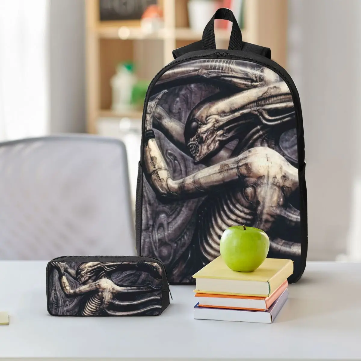 Alien Xenomorph HR Giger Backpack Student BookBag School Bag Shoulder Bags 3ps Insulated Lunch Bag Pencil Case