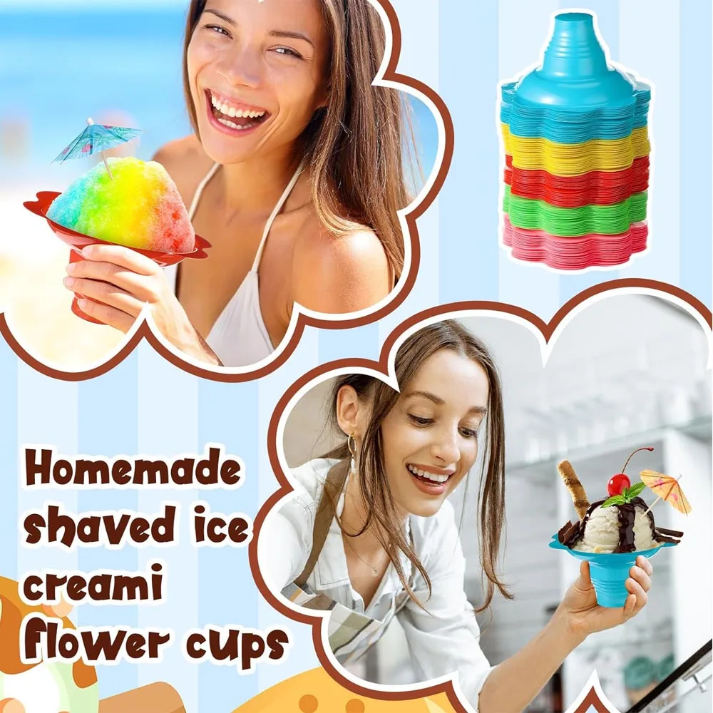 300 Pieces/100 Sets 4 oz Colorful Flower Snow Cone Cups Shaved Ice Cups with Spoon Straws and Paper Umbrellas Kit