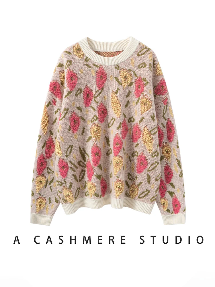 

Women 100% Cashmere Sweater High Quality O-Neck Flower Towel Embroidery Pullover Knitwear Autumn Winter Thick Warm Casual Style