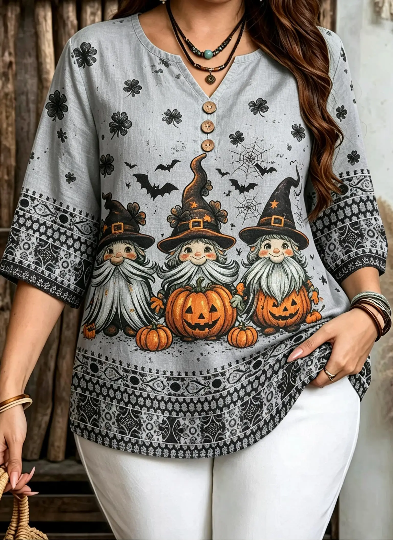 Seasonal Gnome Print Ethnic Border Spliced Women Blouse 3/4 Sleeve Notch V Neck Decor Button Holiday Casual Shirts