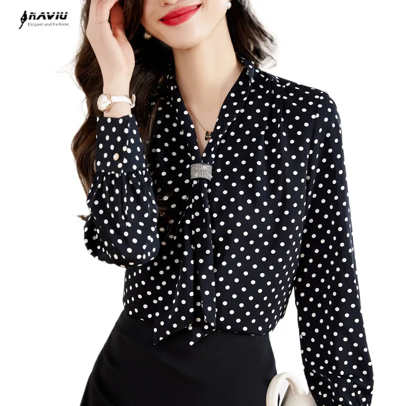 NAVIU Black Dot V Neck Shirt Women Spring New Fashion Temperament Chiffon Design Bow Formal Blouses Office Ladies Work Tops