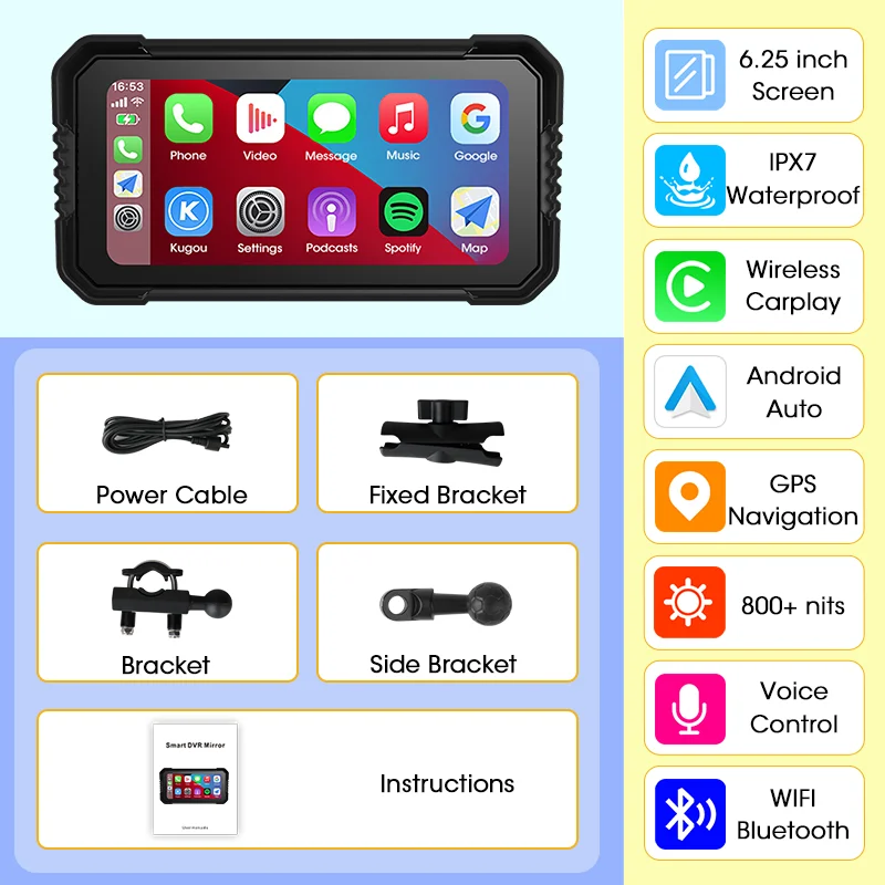 6,25 inch draagbare motorfiets GPS-navigator IP67 waterdicht dashboard-scherm voor motorfietsen draadloze Carplay Android Auto dubbele Bluetooth motorfiets navigatiescherm voor motorfietsen