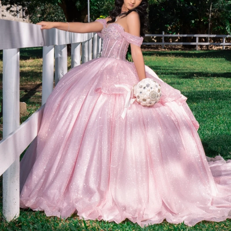 

Pink Shiny Ball Gown Quinceanera Dresses Sequin Beading Crystal Bow Tull Corset Off Shoulder Sweet 16 Dress Vestidos 15 De Anos