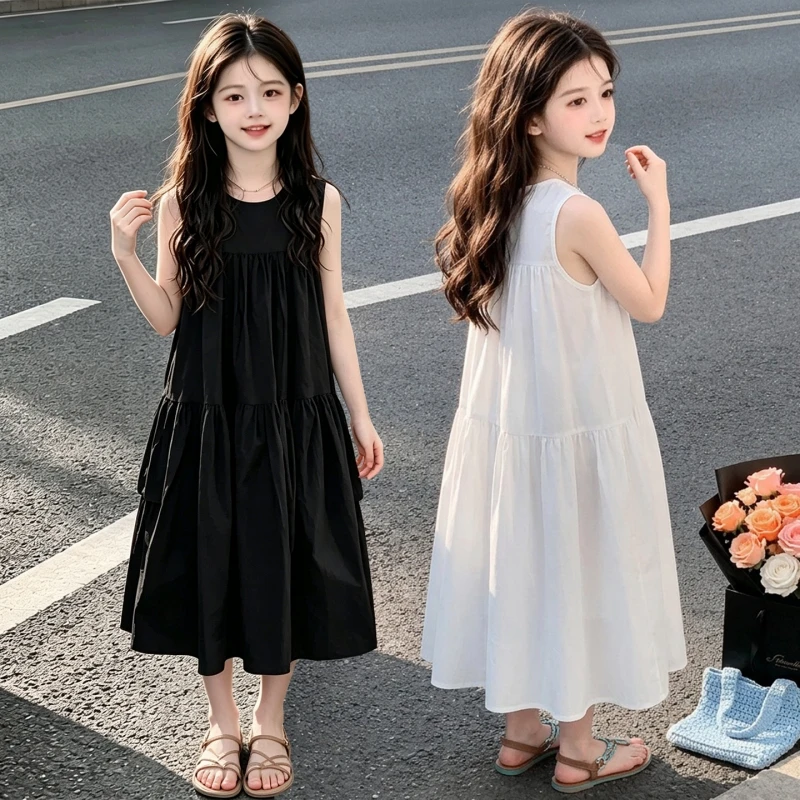 Teenage Girls Summer Round Neck Sleeveless Patchwork Dress Layered Cake A-Line Loose Casual Sun Skirt Suitable for Home and Dail