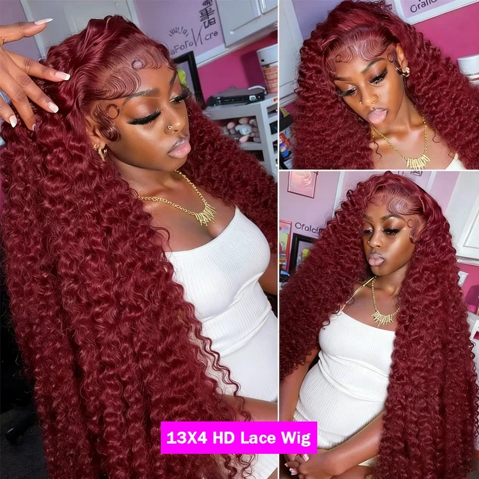36 24Inch Burgundy 13x6 hd Lace Frontal Wig Deep Wave Curly 13x4 Red Remy Human Hair Brazilian 99J Colored Hair Wigs for Women image 5