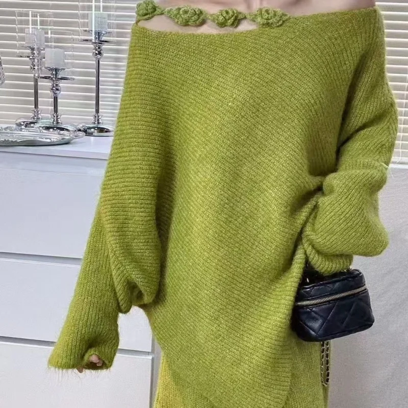 French Gentle Style Three-Dimensional Flower Loose Design Sense Irregular Temperament Sweater Knitted Skirt Two-Piece Set