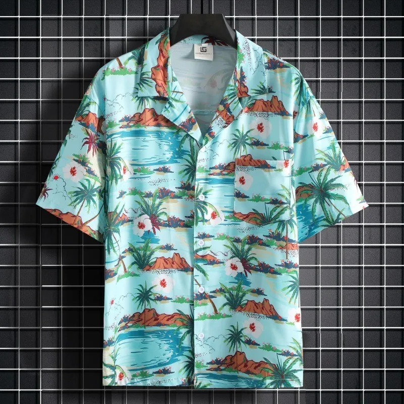 

【M-5XL】2-color Optional Cuban Collar Printed Shirt, Summer Thin Top, Beach Travel Party Clothing