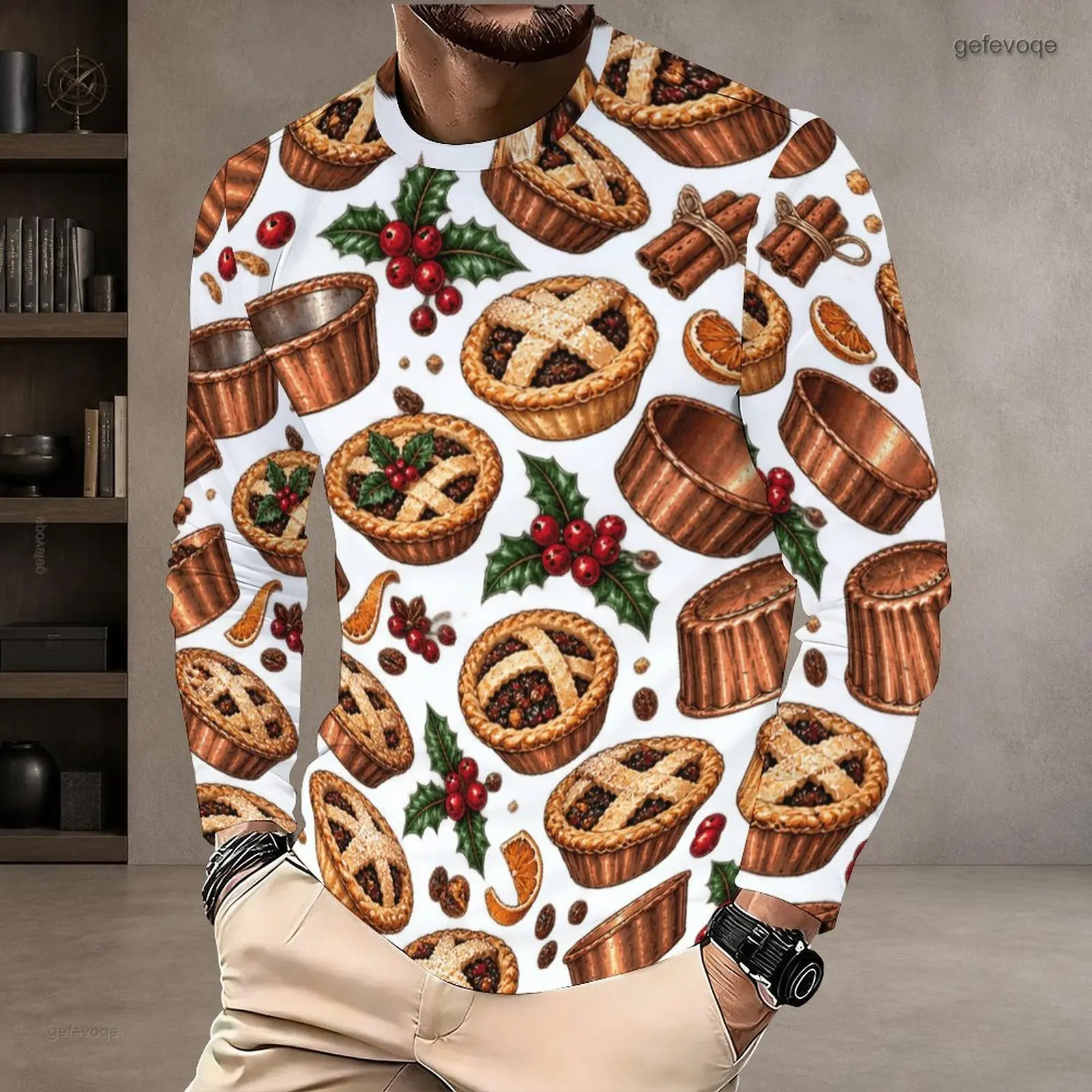 Men Printed Round Neck Long Sleeve Pullover T-Shirt with Festive Baking Mince Pie Holly Pattern