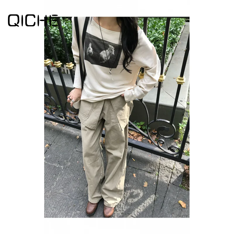 QICHE Women 2026 Autumn Korean‑Style American‑Vibe Off‑Shoulder Asymmetrical Knit Long‑Sleeve Tee Top