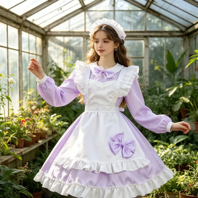 

Colorful Sweet Bow Lolita Uniform Japanese Cute Lace Lace Apron Lotus Leaf Big Swing Long Sleeve Princess Style Dress