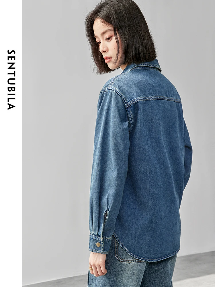 SENTUBILA 100% Cotton Washed Denim Jacket for Women 2024 Autumn Retro Loose Patchwork Pockets Leather Logo Coat W43C56148