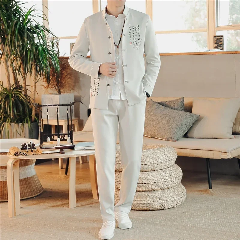 2 Piece Suits / Fashion Style Men\'s Casual Boutique Stand Collar Chinese Linen Suit Jacket Trousers