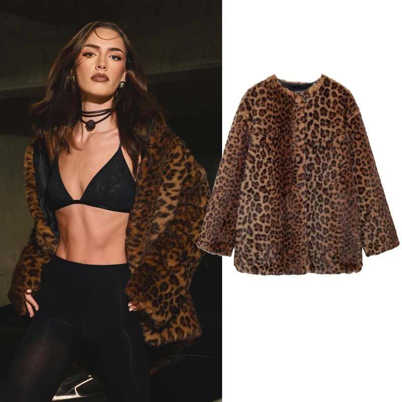 女性ヒョウ柄フェイクファーコート冬暖かいジャケットアウター長袖ファッションストリートエレガントカジュアルふわふわショートコート