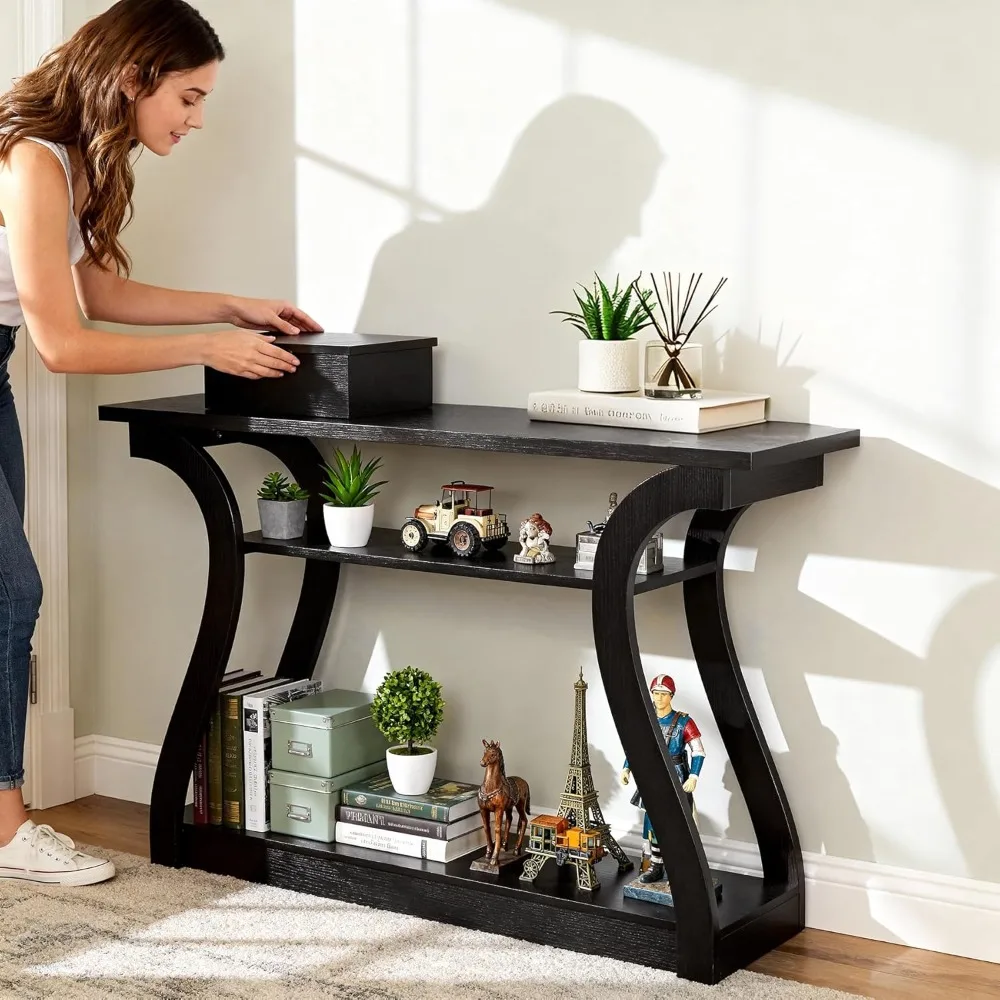 

Wood Console Table with Curved Legs and 3 Tier Shelf Modern Sofa Table for Entryway Living Room Hallway Cappuccino Dark Brown