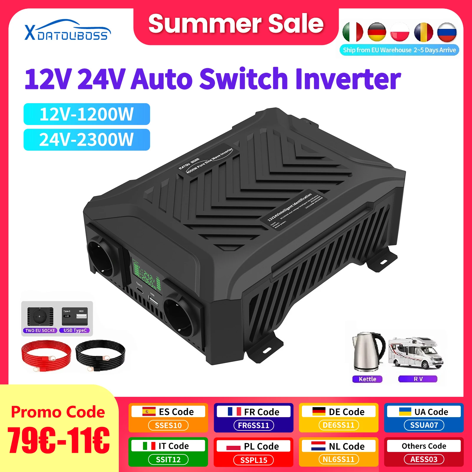 �y�Z�[�����zDATOU BOSS�������g�C���o�[�^�[ 12v 24v 1200w 2300w ��d���Ή� DC-AC�C���o�[�^�[ 12v����220v EU �s�[�N�o��4000W