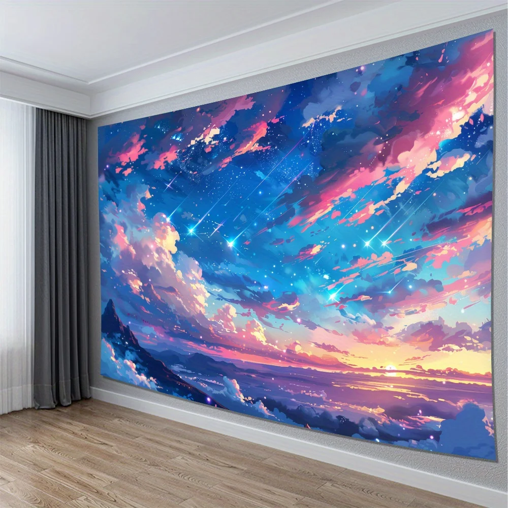 Anime-Style Cosmic Sky Tapestry 2D Digital Print Polyester Wall Hanging Living Room Bedroom Office Decor with Hooks