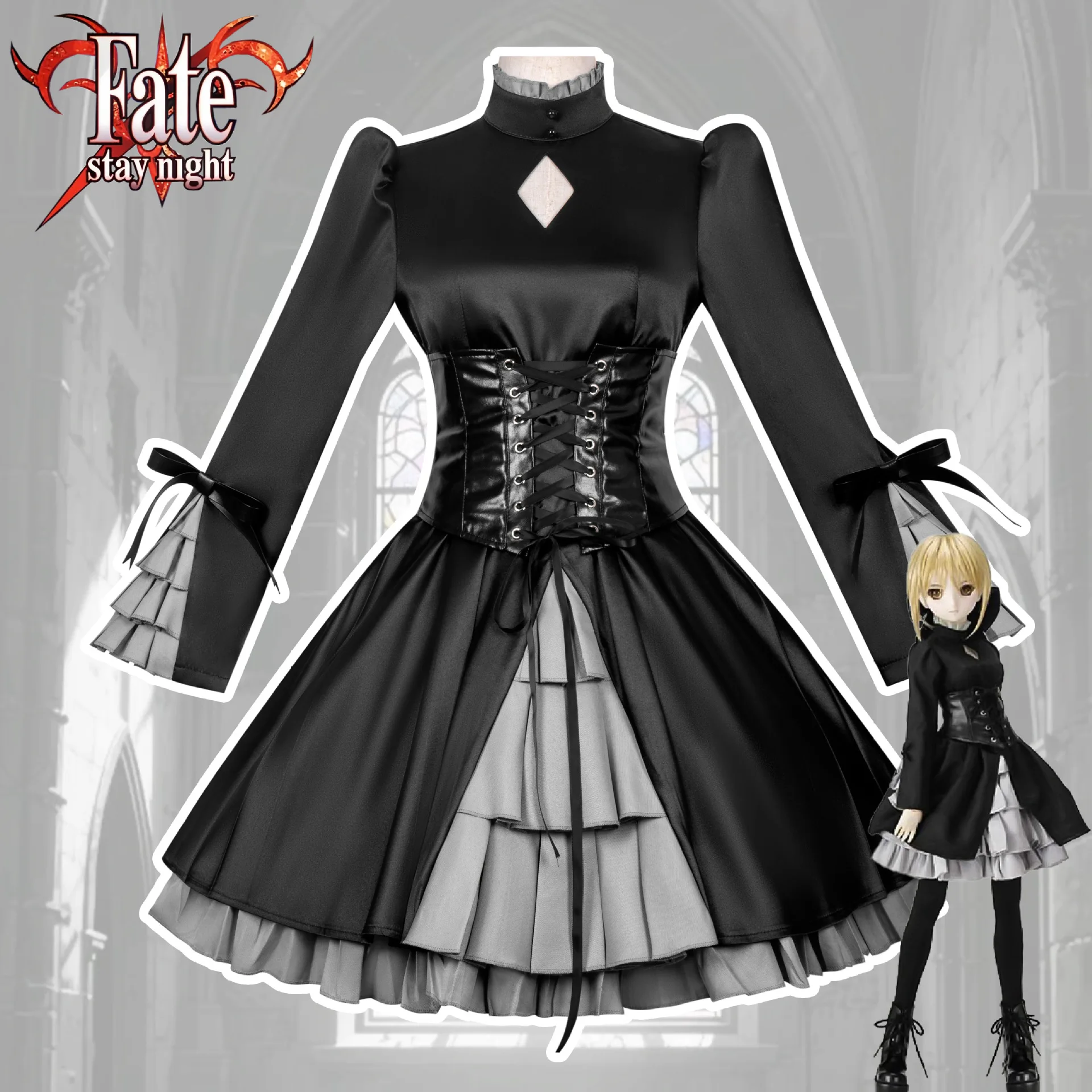 Disfraz de Cosplay Gothic Lolita de Black Saber Alter de Fate/stay Night con corsé para fiesta de Halloween