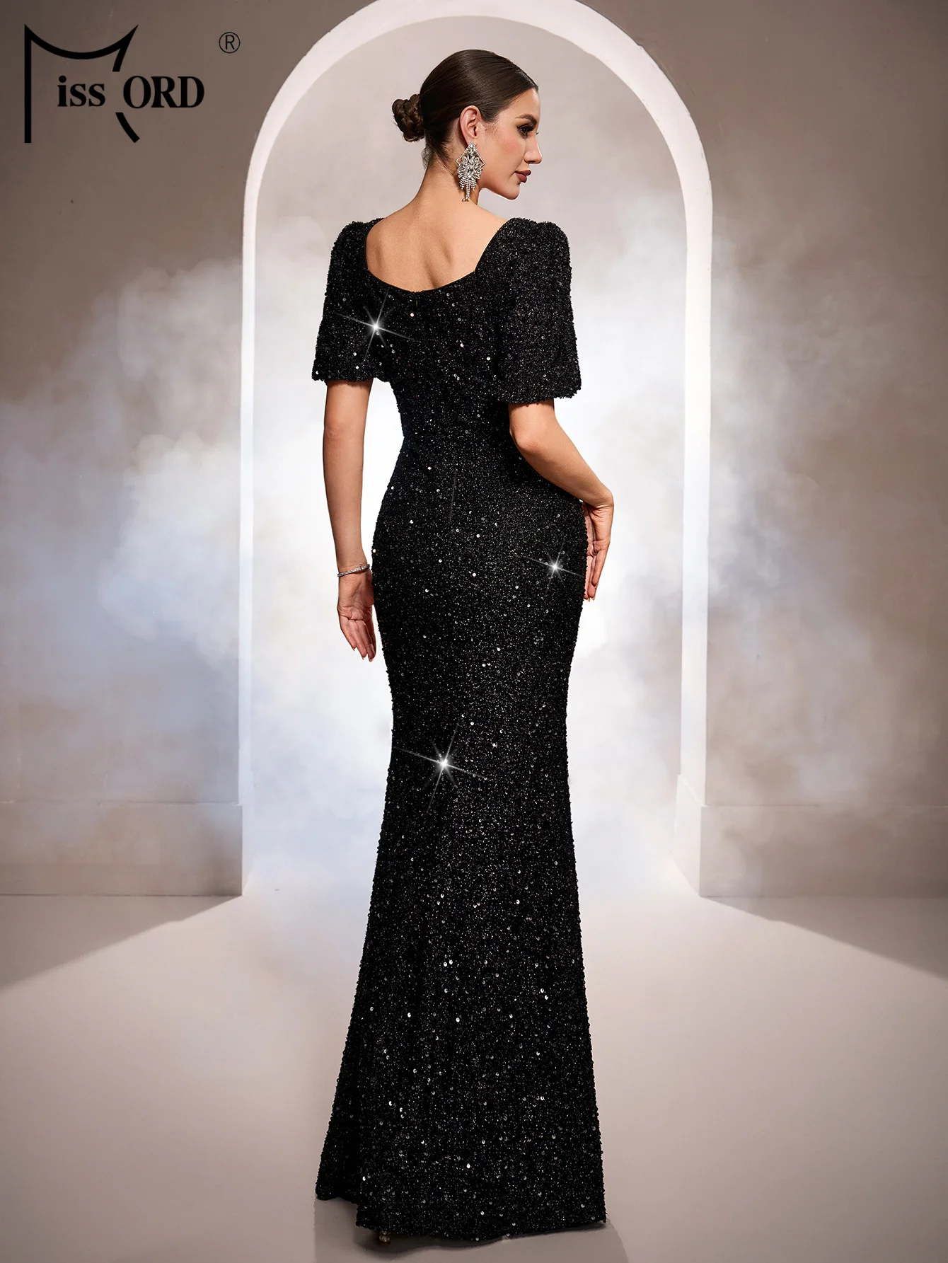 Missord جديد ساحة الرقبة قصيرة الأكمام الترتر الأسود سبليت ثوب مسائي الزفاف حفلة عيد ميلاد مناسبة رسمية فساتين التخرج