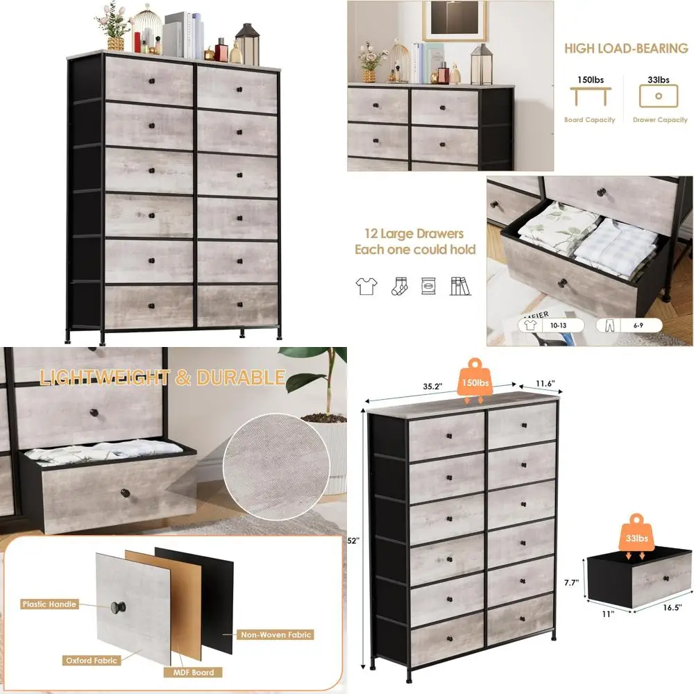 

12-drawer wide storage dresser with metal frame and adjustable fabric cabinets