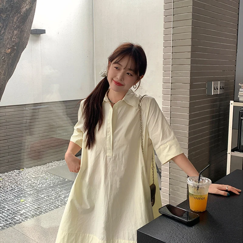 CASUMANL Brand 2024 White Dresses Females Casual Baggy Turn Down Collar Mid Length Shirt Skirt Beach Japanese Vintage Clothes