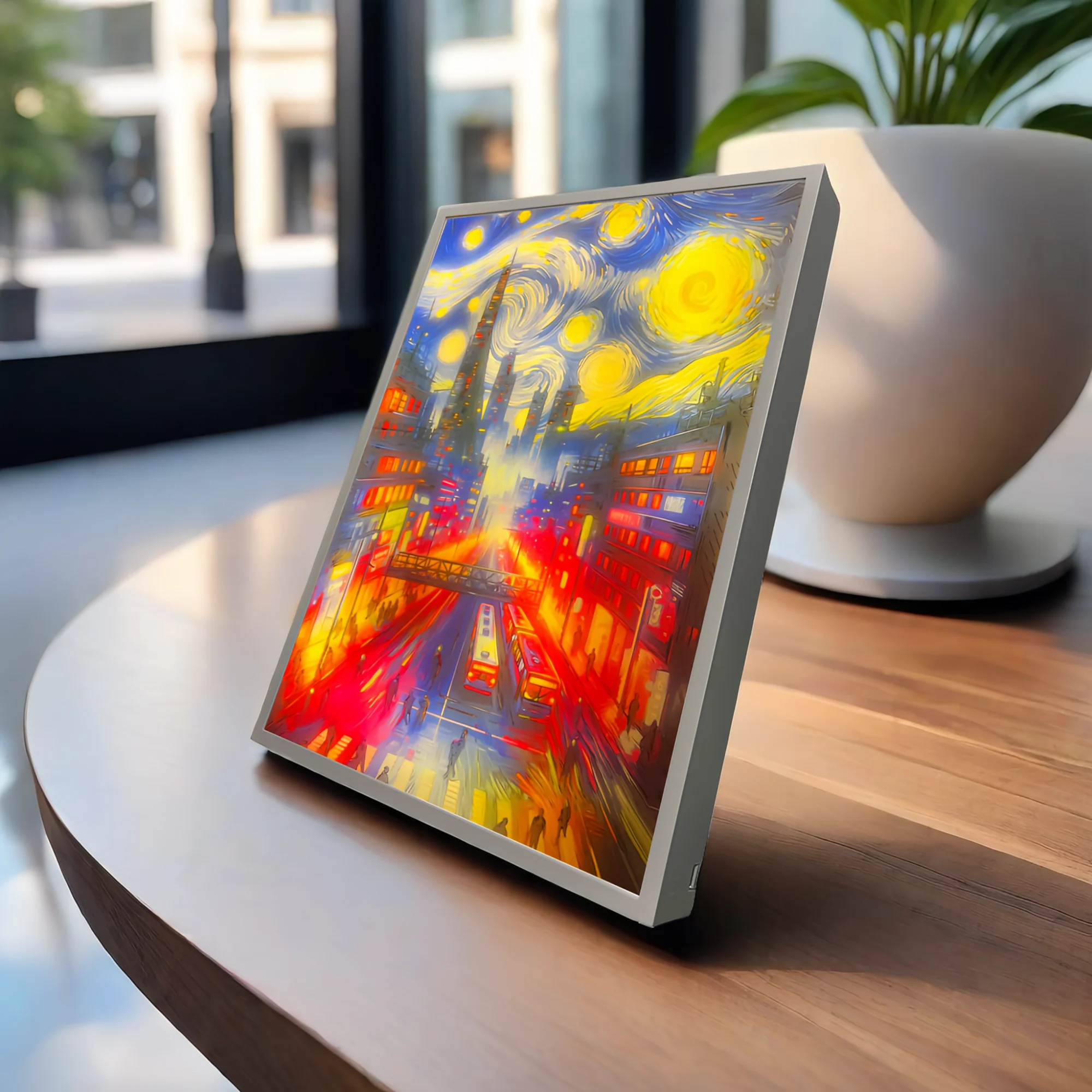 Pintura de luz de cielo estrellado LED cyberpunk Van Gogh, Marco simple, lámpara de noche recargable de atenuación USB, decoraciones para el hogar,