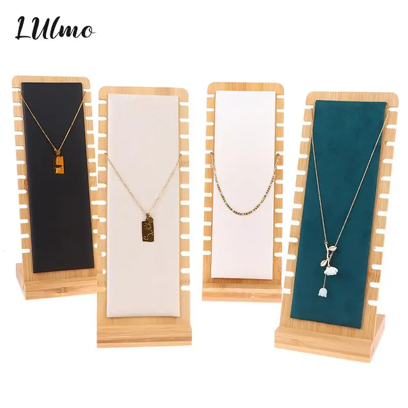 

4 Colors Bamboo Pendant Necklace Display Stand Holder Wooden Multiple PU Velvet Necklace Easel Showcase Display Holder