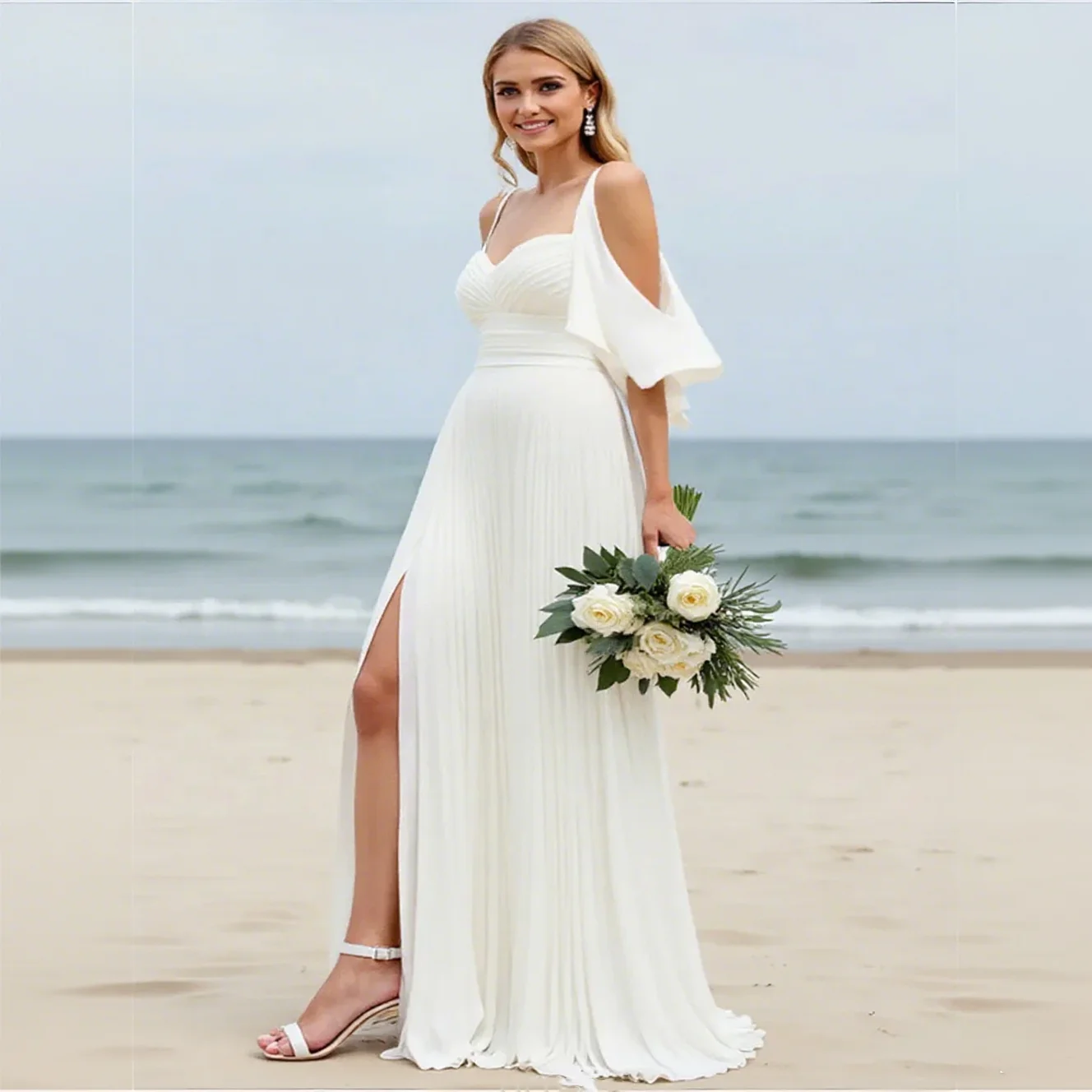 

Customized Off-Shoulder Sleeves Silk Satin A-Line Wedding Dress Open Back Side Slit Floor-Length Sweep Train Gown for Bride 2025