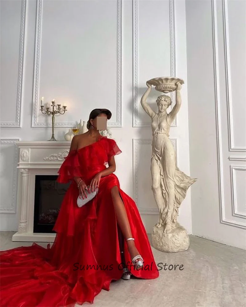 SUMNUS Red Mermaid Evening Dresses Ruffles One Shoulder Side Split Elegant Prom Party Dress With Sweep Train Gown  فساتين السهرة