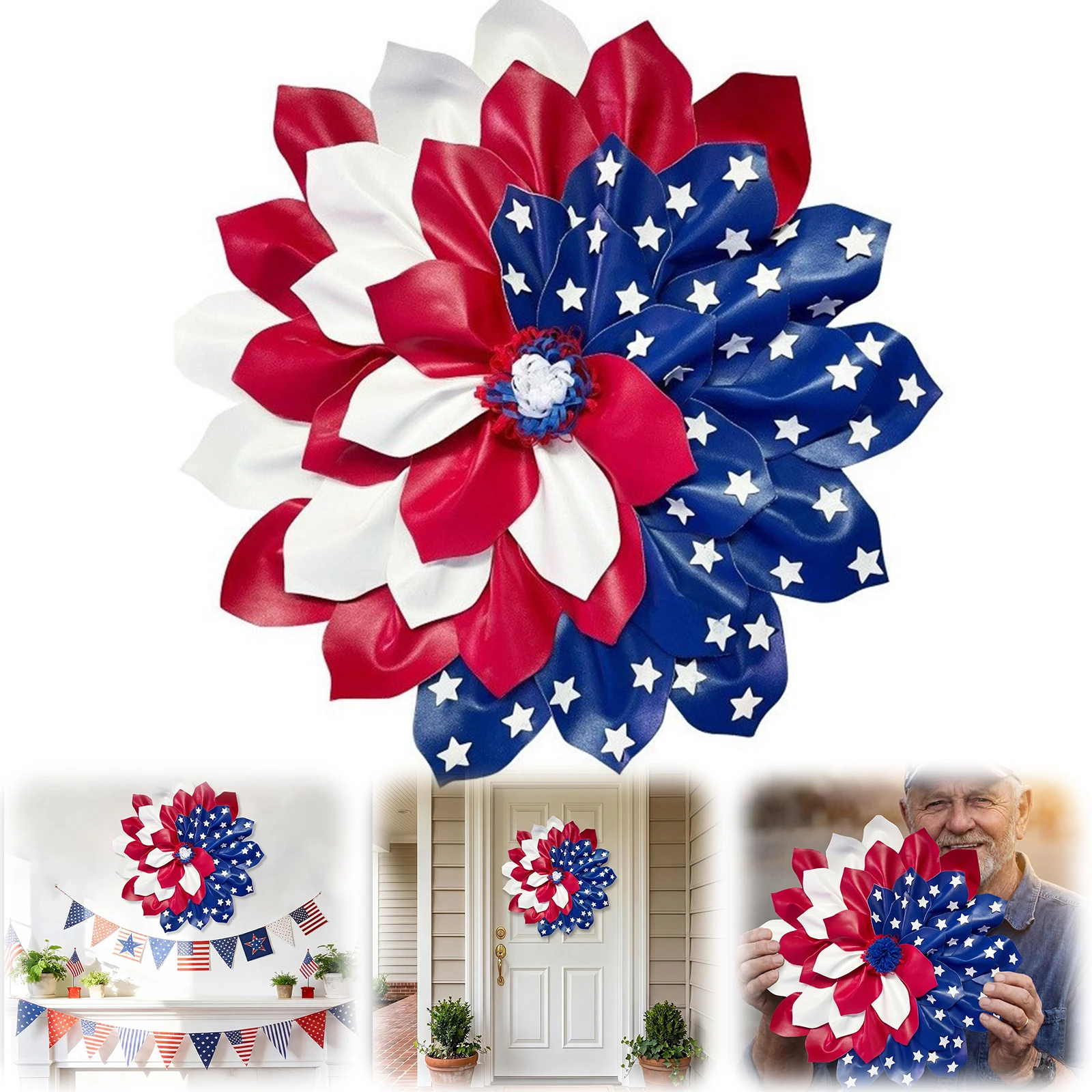 

16 Inch Patriotic Wreaths for Front Door Wooden 250th Anniversary Patriotic Wreath Door Hanging Garland Holiday Hanging Ornament