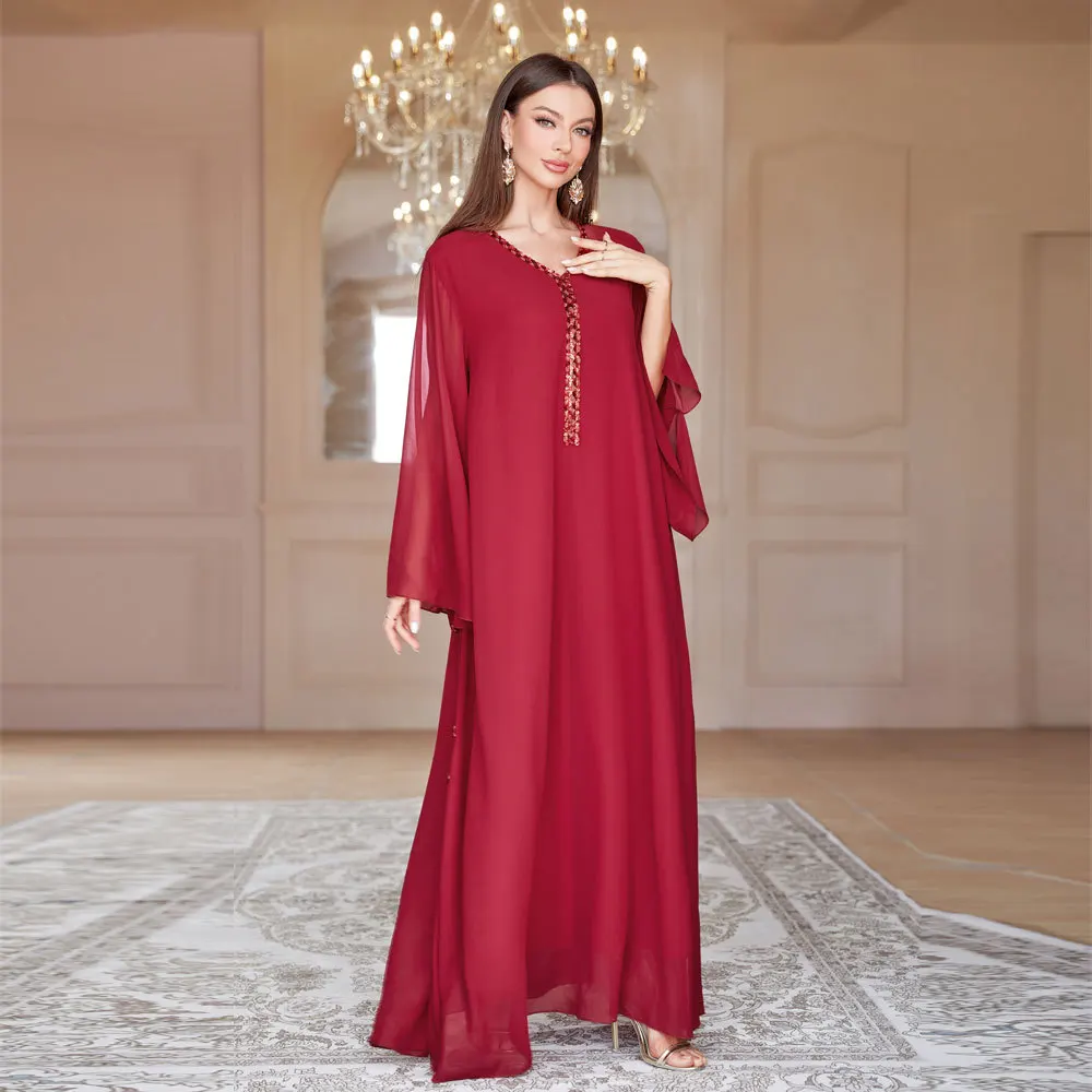 

Muslim Dress Women Fashionable New Autumn Middle Eastern Arabian Solid Color Temperament Elegant Sequined Robe Abaya Dubai Woman