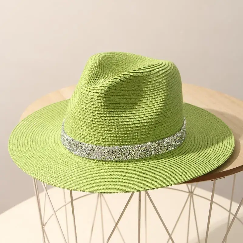 Hat Men\'s Summer Panama Straw Hat Women\'s Bright Diamond Top Hat English Grass Green Beach Shade Hat Sun Protection Hat Tide