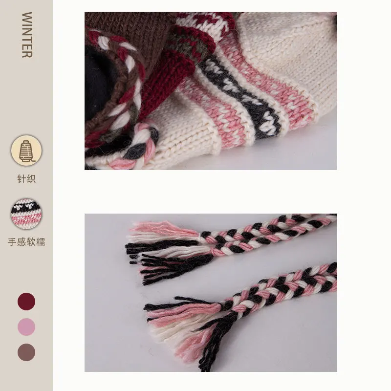 男性と女性のための日本のジャカードニットプルオーバー、冬の飛行帽子、暖かい色の対照的な、タッセルストラップ爆撃機の帽子、屋外