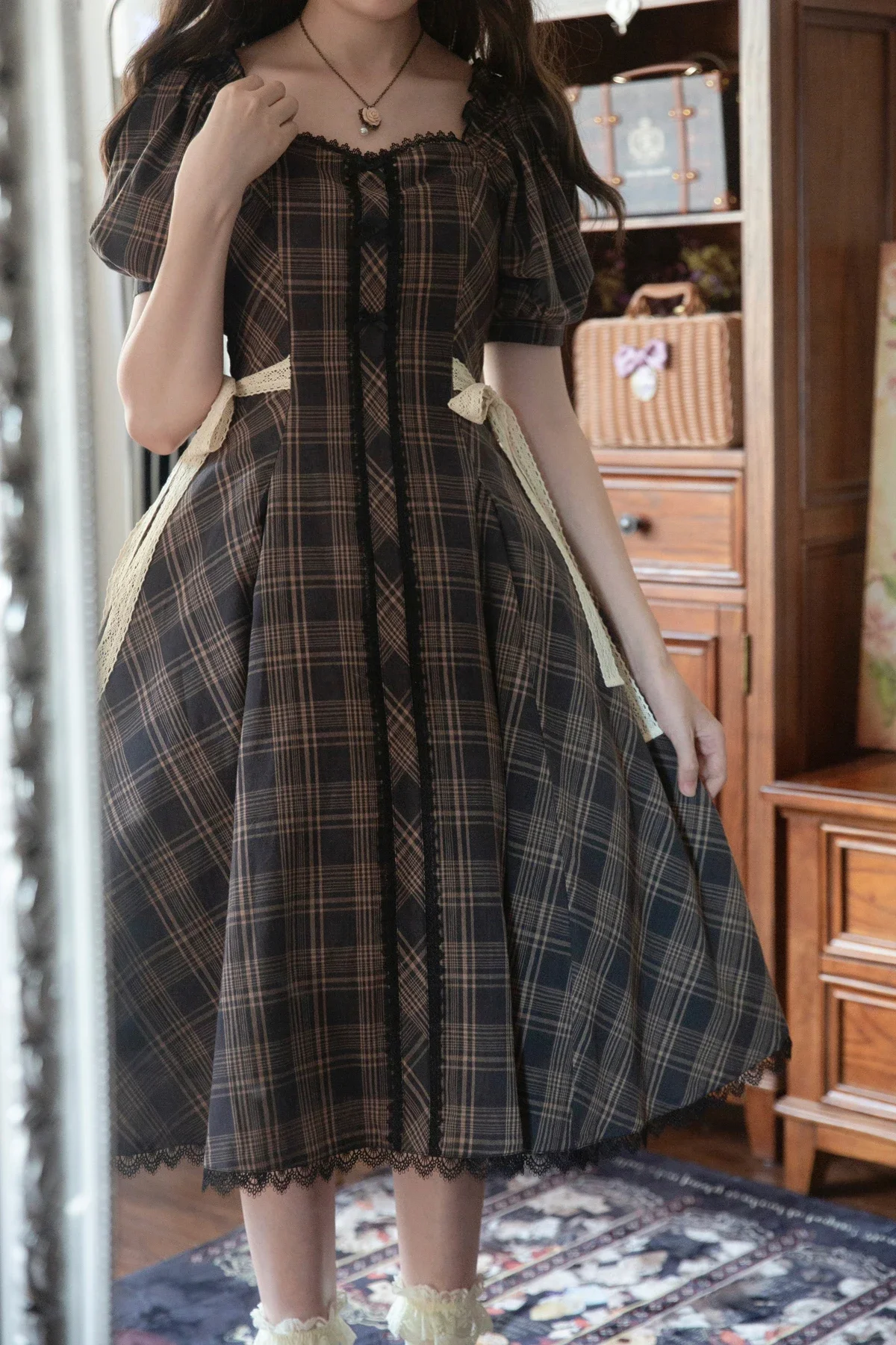 Preppy Style Op Plaid Elegant Slim Lolita Dress 2024 Spring and Summer Women Girls Short Sleeve JK Calf-length Dresses