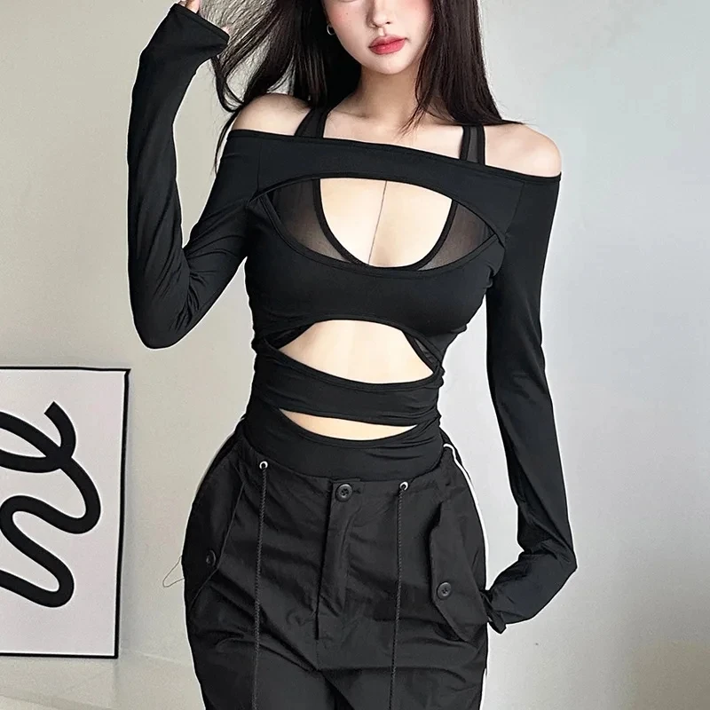 Cyber Y2k Punk Hollow Out Sexy Bodysuits Mall Gothic Bodycon Mesh Sheer T-shirts Women Long Sleeve Patchwork Bodysuit