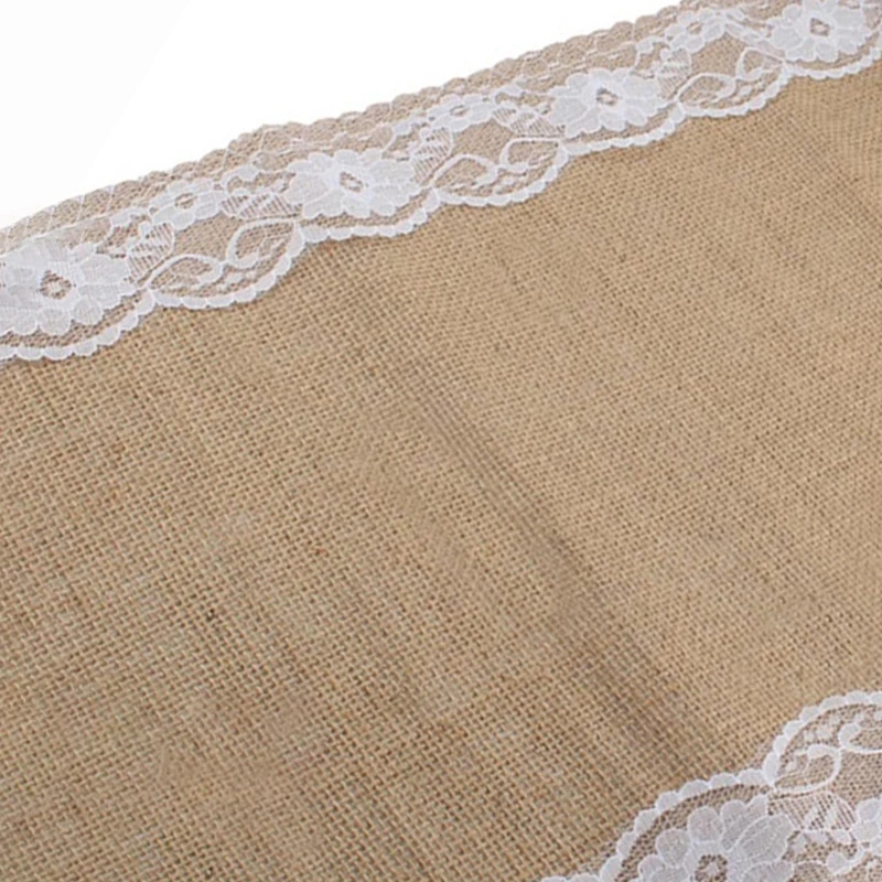 Holaroom Vintage Retro Burlap Linen Jute Event Party Supplies Wedding Christmas Table Cloth Tablecloth White Lace Table Runner