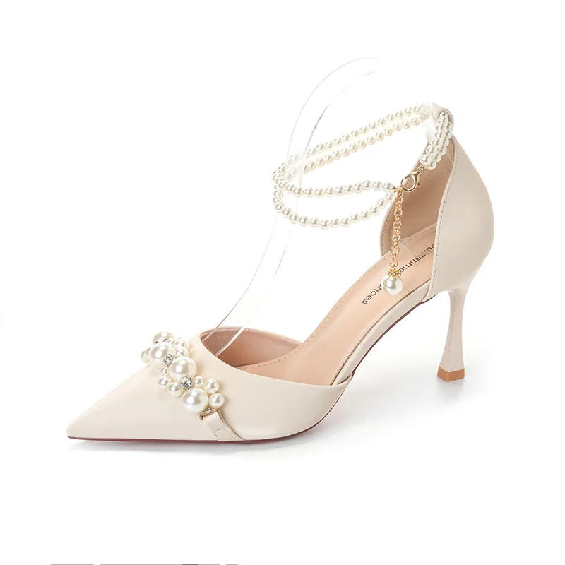 2024 Summer Celebrity Women\'s High Heels Fashion Pointed Toe Pearl Chain High Heel Sandals Dress Banquet Wedding Shoes