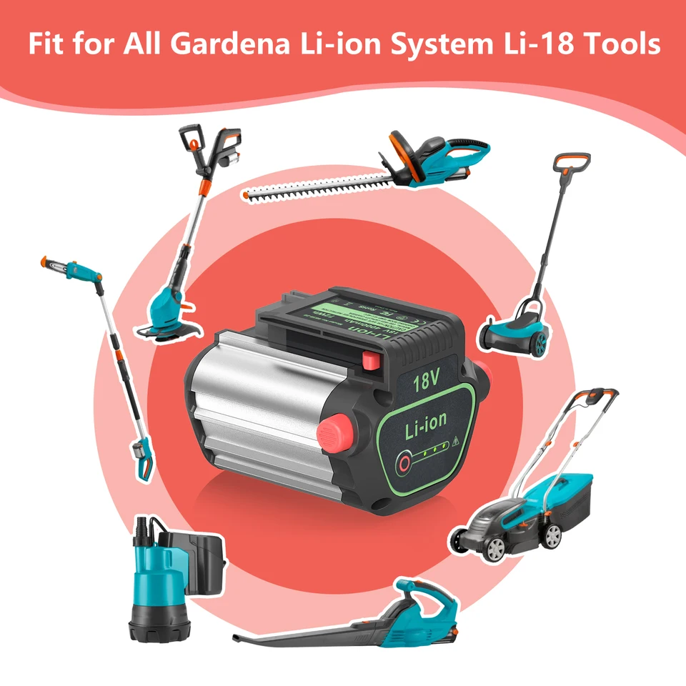 Batería de repuesto DREAMDASH 18V 4.0Ah 72Wh Li-ion para Gardena BLi-18 9839-20 9840-20 compatible con herramientas Gardena Li-18 EasyCut recortadora ComfortCut recortadora de setos cortacésped con BMS integrado y pantalla de energía LED 7