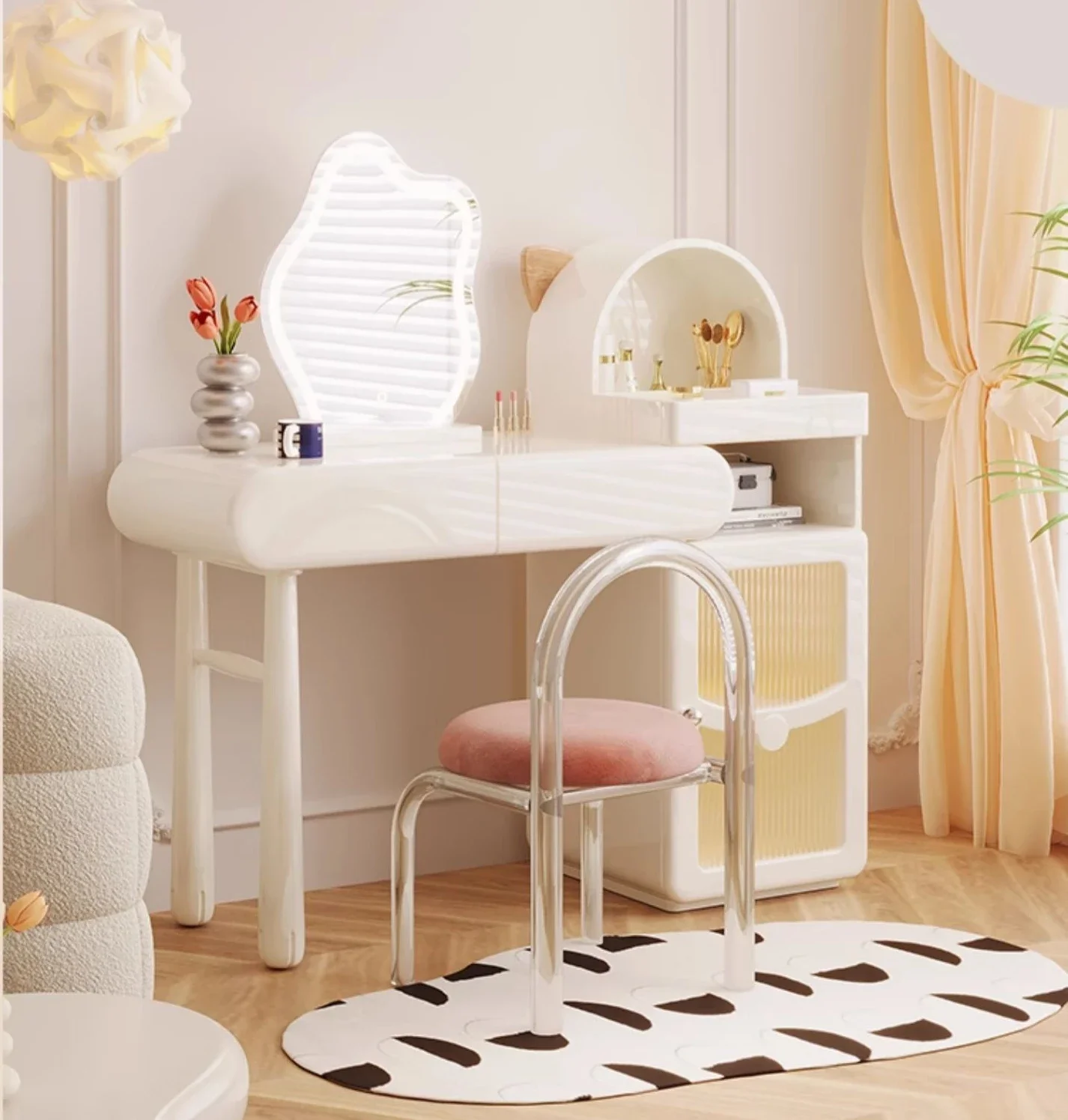 

Туалетный столик кремового цвета, шкаф-ведро, встроенный столик для макияжа, массив дерева