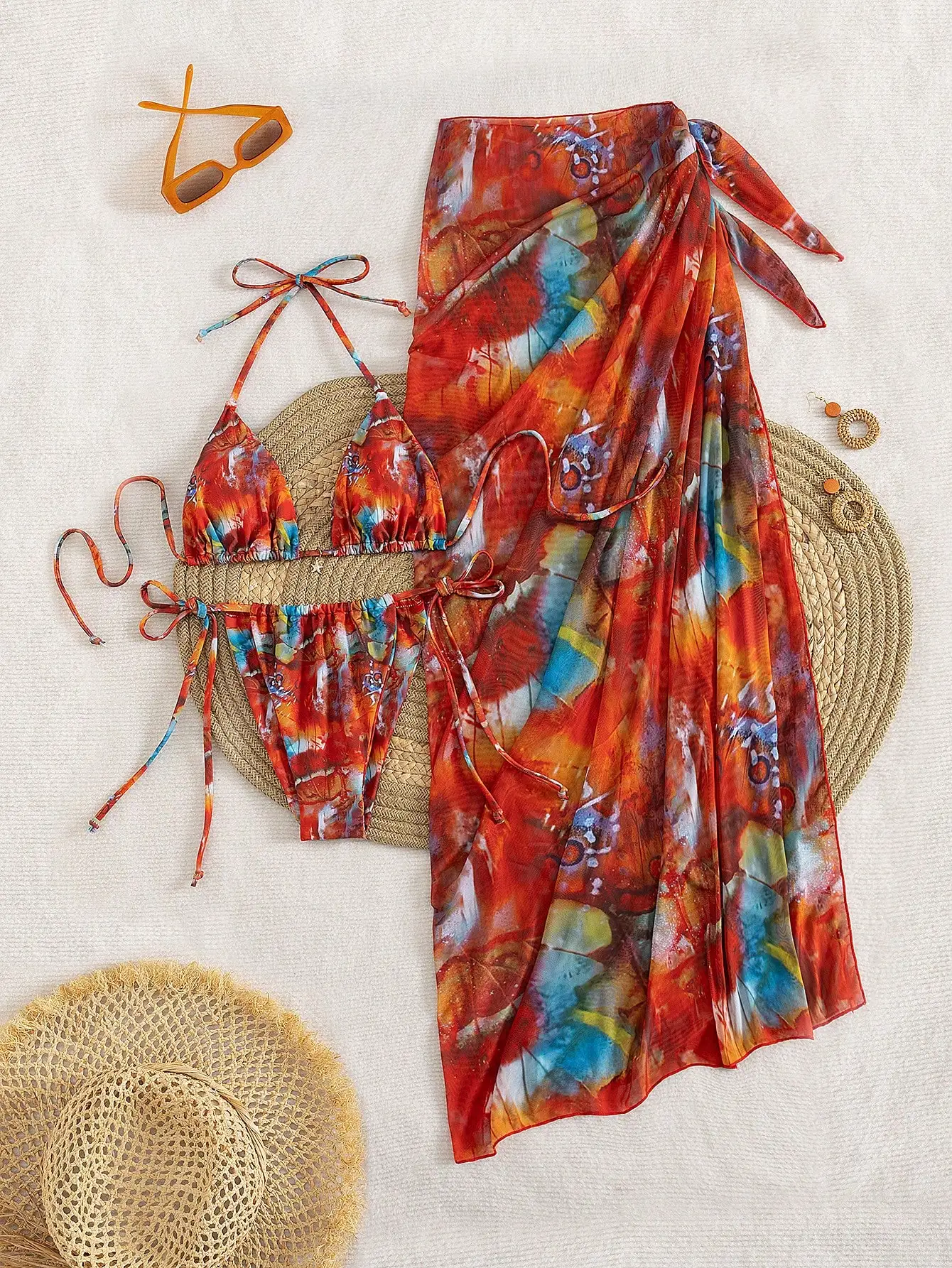 

Комплект из 3 предметов: женский сексуальный купальник с принтом тай-дай и сетчатой юбкой для пляжного отдыха