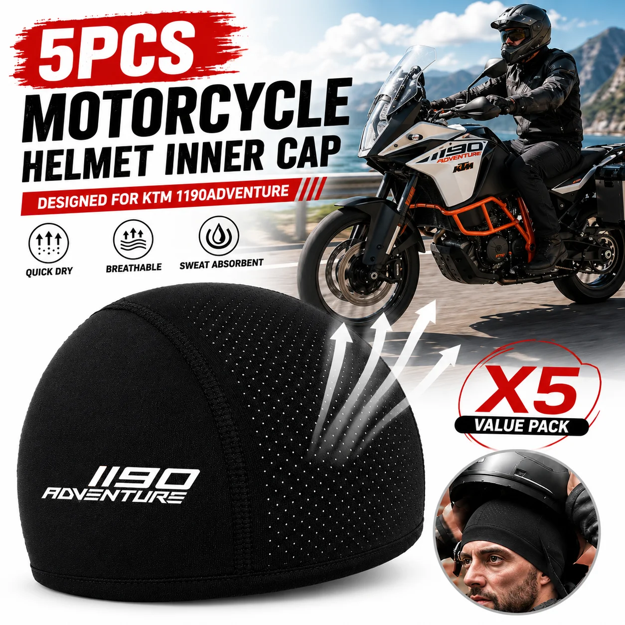 5pcs Motorcycle Helmet Inner Cap Hat Quick Dry Breathable Hat Racing Cap Beanie For KTM 1290 390 790 890 990 1050 1090 1190 1290