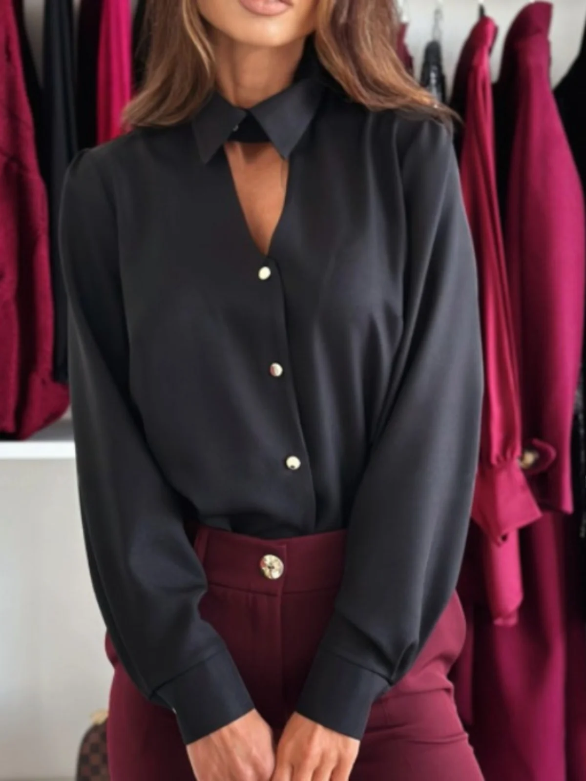 

Spring New Fashion Commute OL Style Pure Color Single Button Hollow Long Sleeve Women's Shirt Top Base Layer Neck
