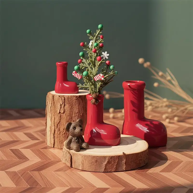 Miniature Christmas Little Red Boots Durable Rubber Vase Creative Dollhouse Desktop Flower Arrangement Accessories Toys