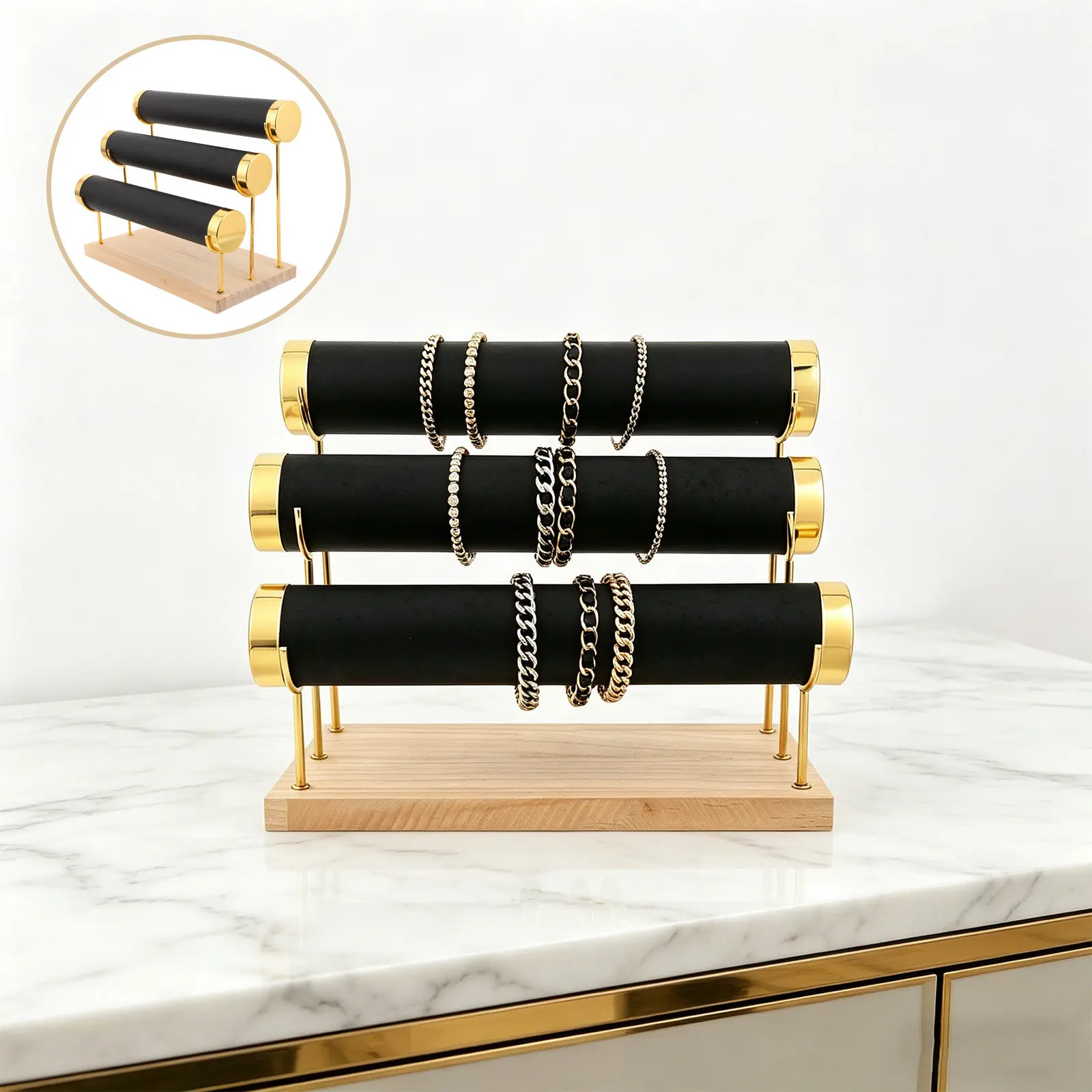 

3 Tier Watch Display Rack Wooden Bracelet Holder Detachable Jewelry Organizer Stand for Bangle Necklace Countertop Storage
