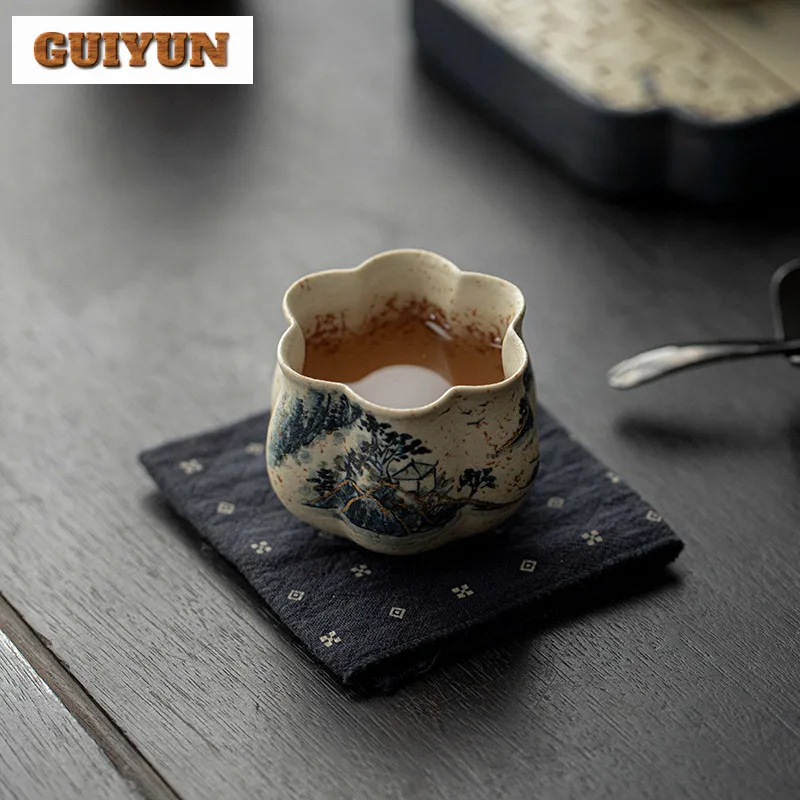 50ml Hand-painted Blue And White Teacup Japanese Gold Drawing Landscape Tea Bowl Teacup Personal Cup Jianzhan Master Cup Teaware